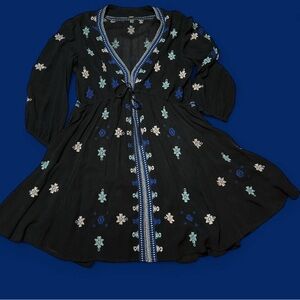Embroidered Black Women's Dress with Blue & Cream Accents